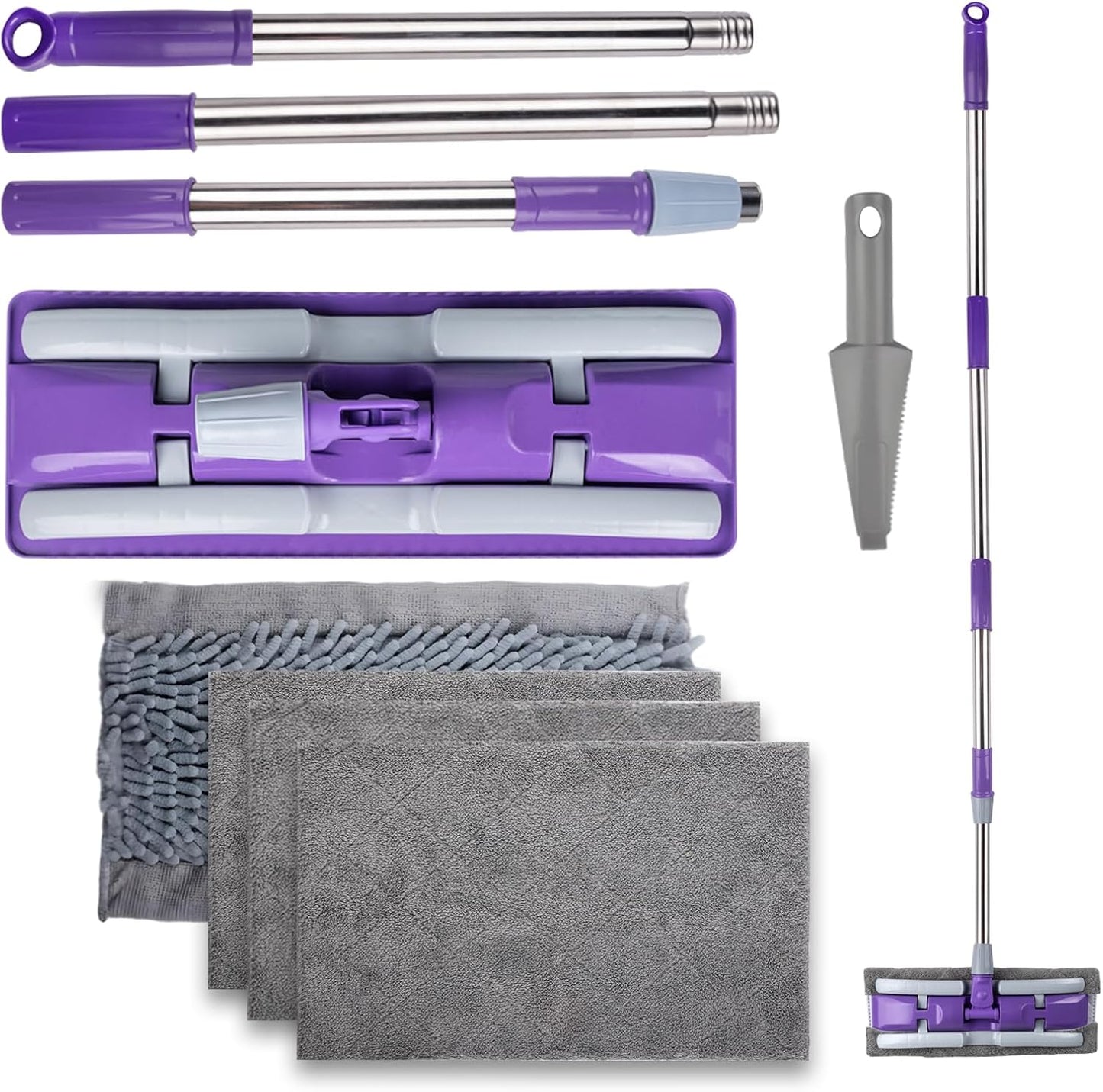 Microfiber Mops for Floor Cleaning ,Wet Dry Flat Mop with Stainless Steel Telescopic Handle,4 Reusable Mop Pads , Dust Mop for Hardwood Floors ,Home,Laminate,Tile,Hardwoods Cleaning (Purple)