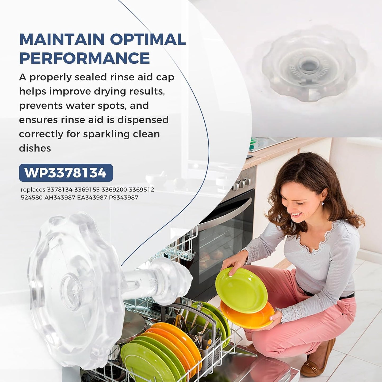 WP3378134 Dishwasher Rinse Aid Cap Compatible with Whirlpool Maytag KitchenAid Jenn-Air Dishwashers, Rinse Aid Dispenser Cap Replacement AP6008208 3378134 3369155 3369200 3369512