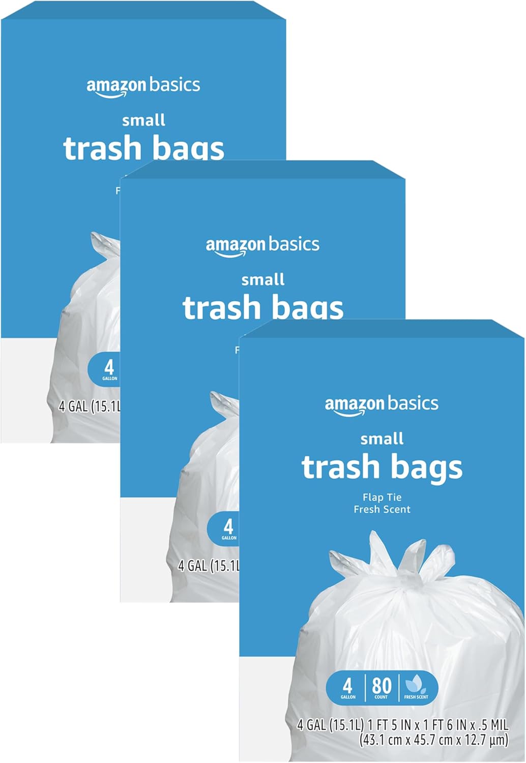 Amazon Basics Small 4 Gallon Trash Bags with Flap Ties, Fresh Scent, Odor Control, 0.5 mil Thick, 80 Count
