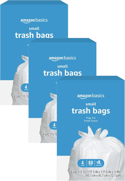 Amazon Basics Small 4 Gallon Trash Bags with Flap Ties, Fresh Scent, Odor Control, 0.5 mil Thick, 80 Count