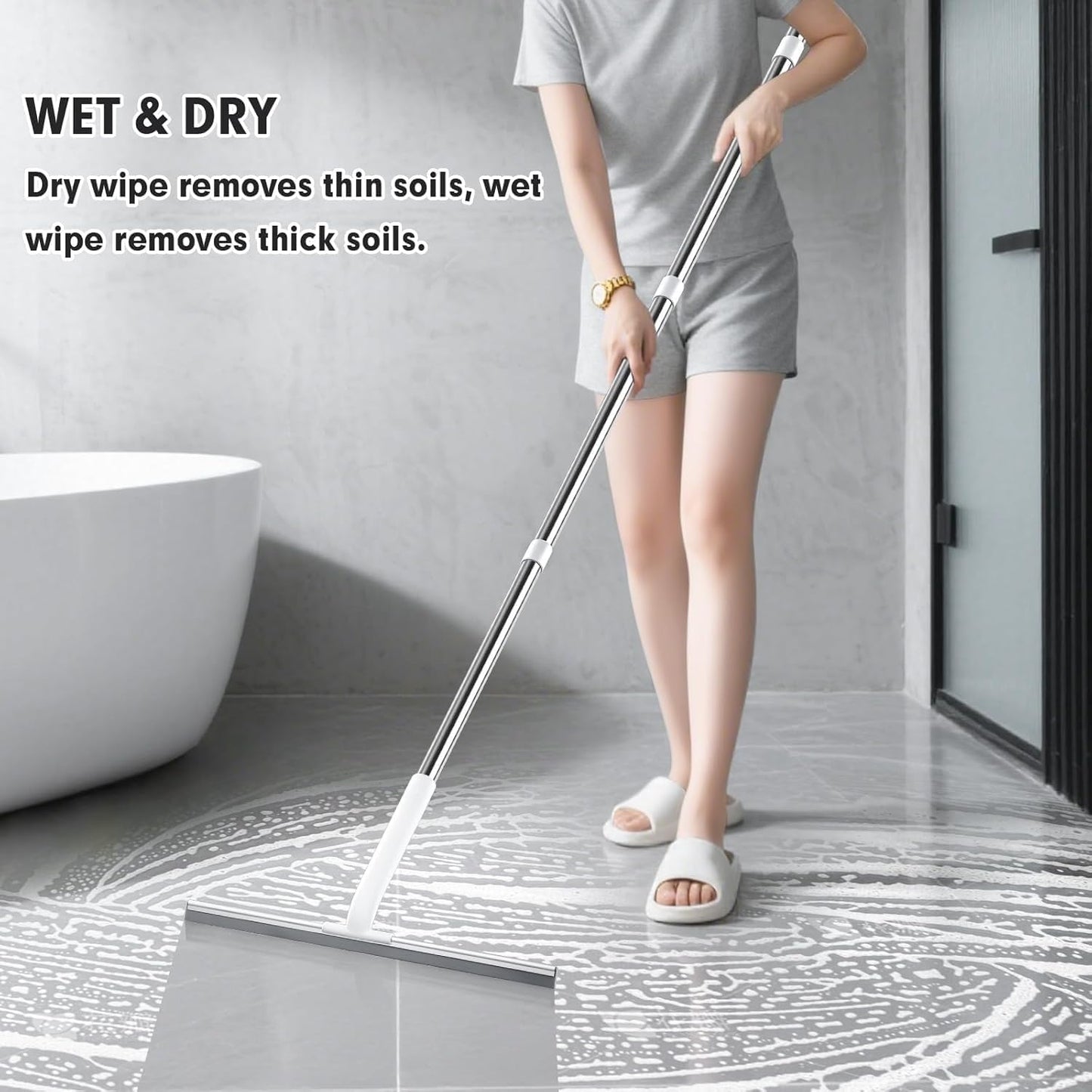 Rubber Floor Squeegee for Smooth Surface Concrete Floor, Tile Floor, Heavy Duty Garage Shower Floor Squeegee Broom for Removing Water, Commercial Scrubber Mop with Adjustable Long Handle