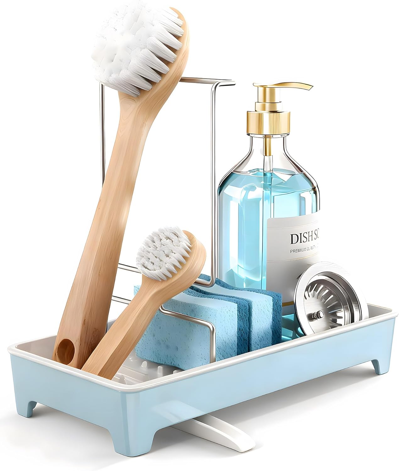Minimalist Sink Caddy, Rustproof Sponge Holder for Kitchen Sink with 304 Stainless-Steel Brush Holder, Countertop Rack Organizer with Raised Ridges & Silicone Drain Tube (Mint Green, Large)