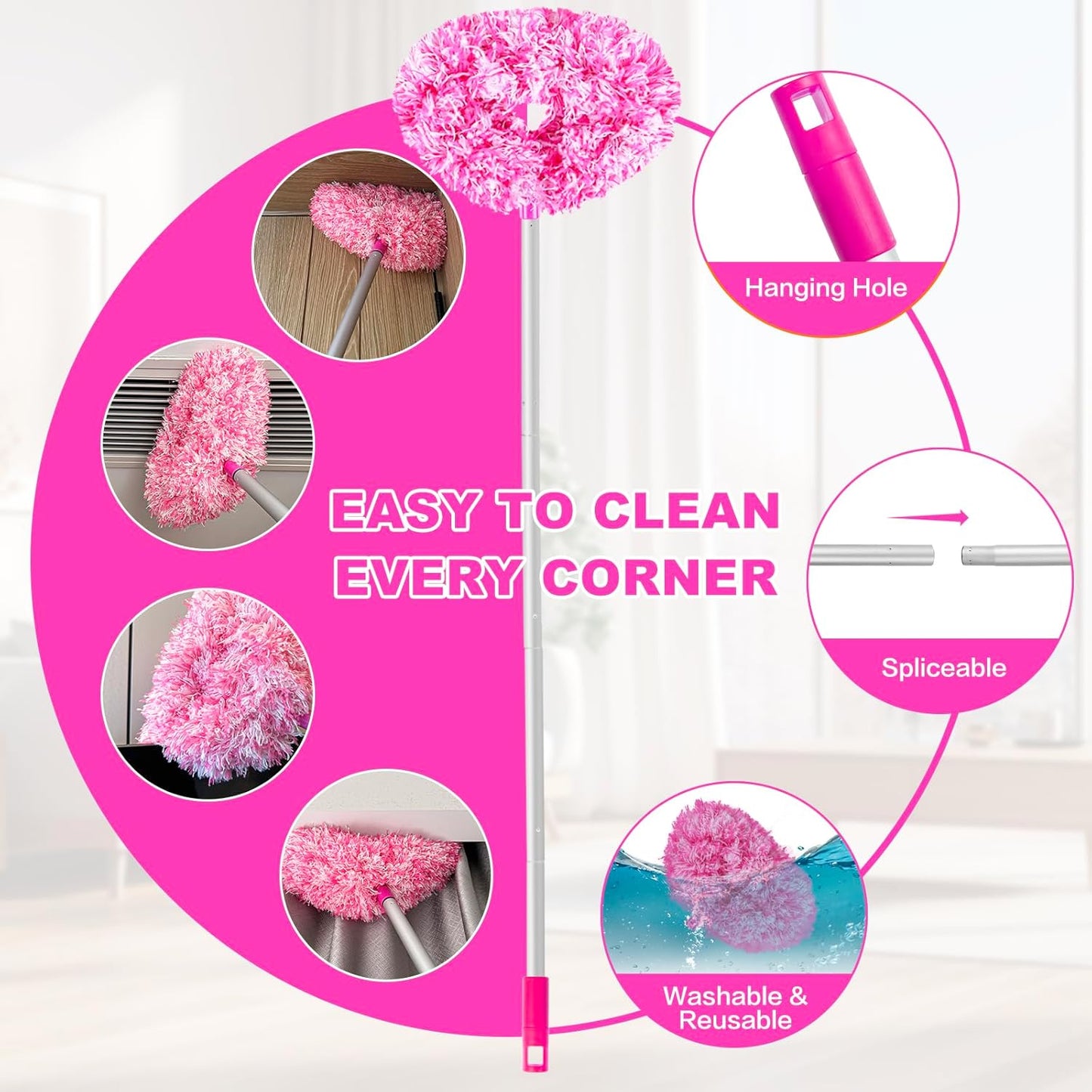 Ceiling Fan Cleaner Duster Reusable Microfiber Ceiling Fan Blade Cleaner Removable Duster with Extension Pole Adjusts 13 to 49.7 Inch for Cleaning Walls Bookshelves Furniture Door Window Top (Blue)
