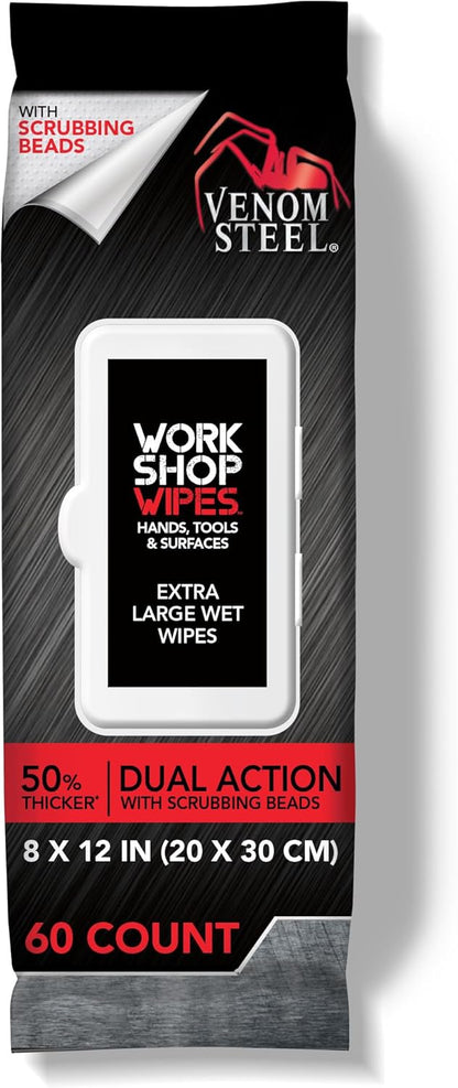 Venom Steel Workshop Wipes with Scrubbing Beads, for Grease, Grime, Oil, Paint and Caulk, Safe on Hands, Tools, and Non Porous Surfaces, Light Citrus Scent, 8" x 12" Cloths, 60 Wipes