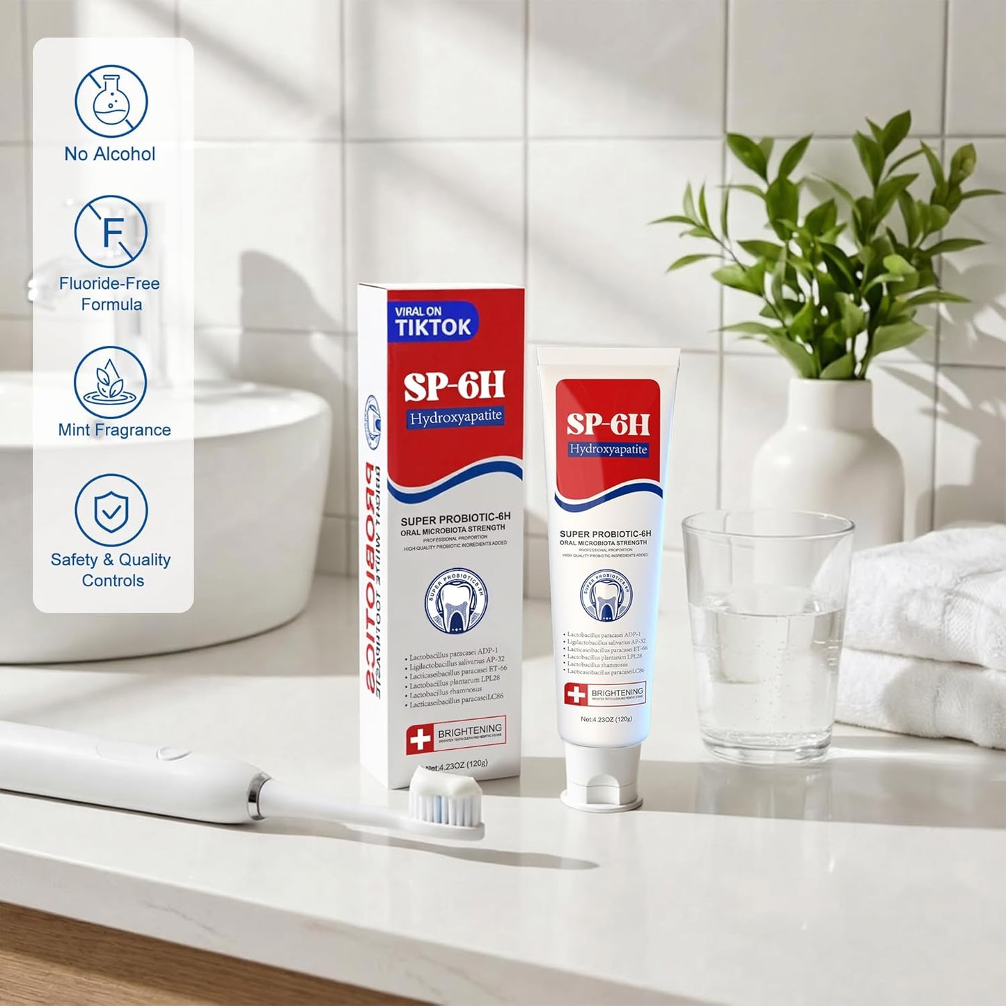 7.5% Nano Hydroxyapatite Toothpaste, SP-6 Probiotic Toothpaste, Helps Remineralize, Strengthens Enamel, Dentist-Formulated Whitening Toothpaste for Sensitive Teeth, Fluoride-Free, 4.23 oz 2Pack