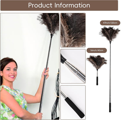 THARAHT Extendable Ostrich Feather Duster up to 27-94 inches Fluffy Feathers Long Handle Reusable for Cleaning Ceiling Fan Pendant lamp High Ceiling Blinds Furniture Feather Duster