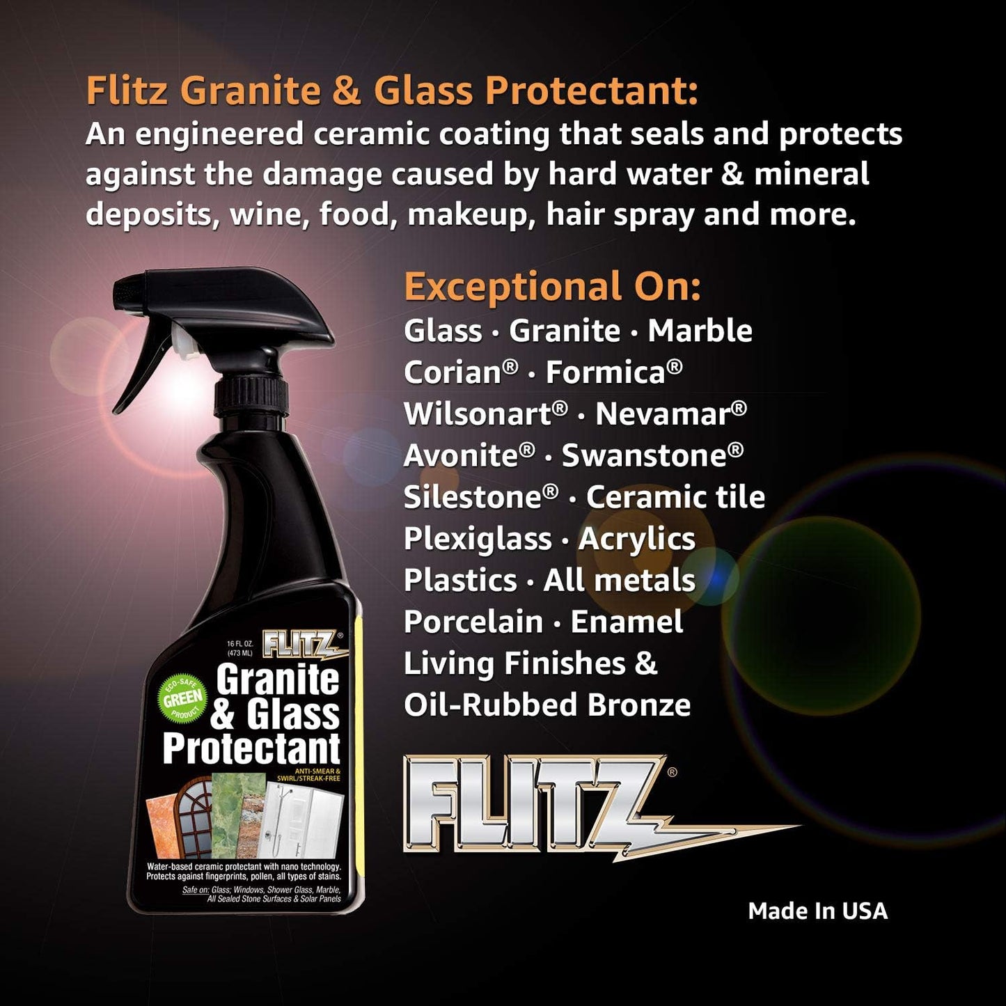 Flitz Granite & Glass Protectant - 16oz Bottle of USA-Made Granite Sealer and Glass Countertop Protector - Cleans & Prevents Liquid, Stains, & Others - Also Works on Marble & All Metals (1 Pack)