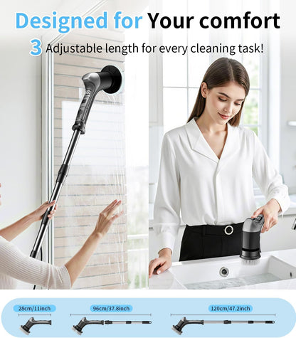Electric Spin Scrubber with 3 Speed, Adjustable Extension Handle, 8 Brush Heads,Cordless Power Cleaning Brush for Bathroom, Tile, Kitchen-Grey