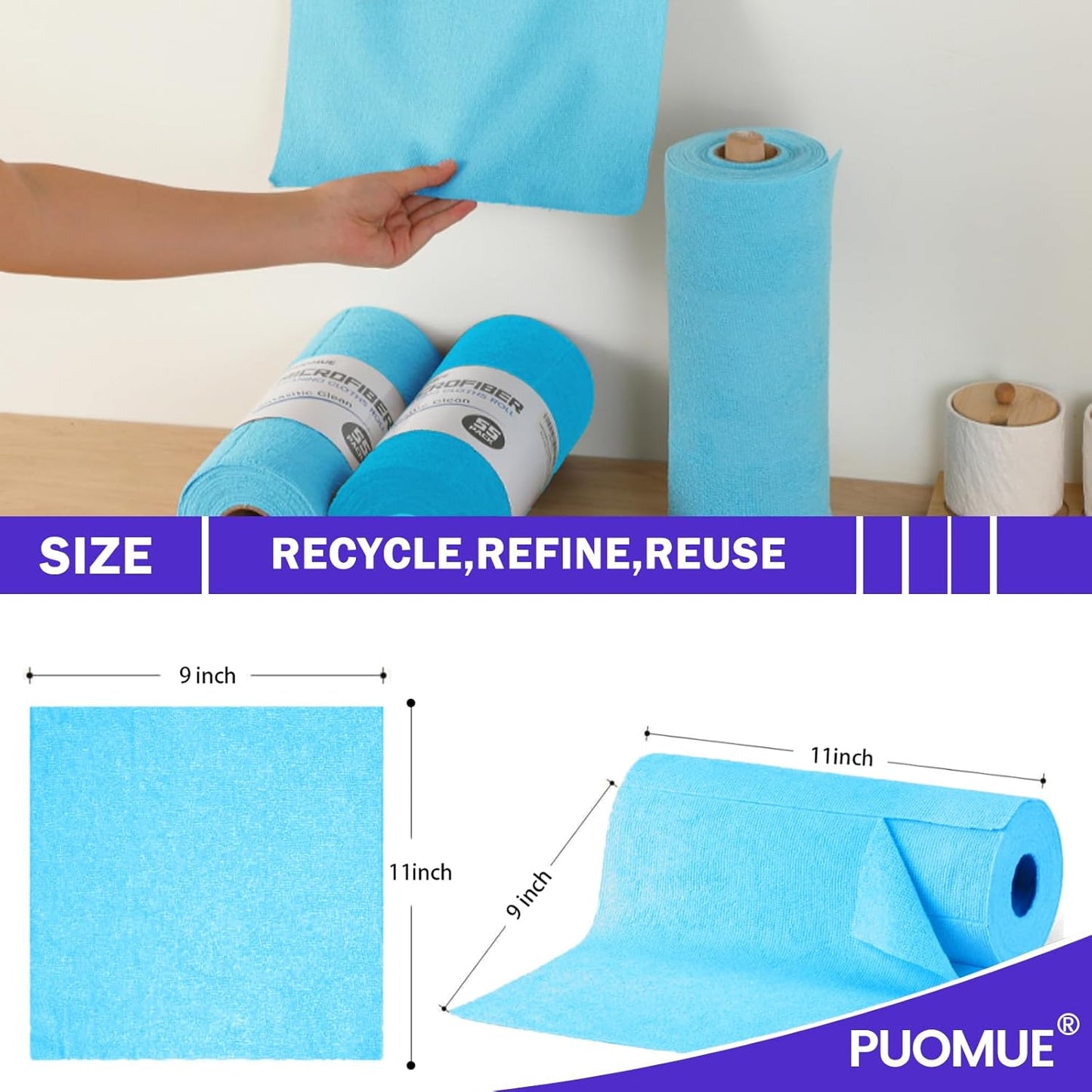 Puomue 55 Pack Microfiber Cleaning Cloth Roll, Tear Away Reusable Towels, 11" X 9", Ultra Absorbent & Lint Free Microfiber Cloth for Cleaning Cars, Kitchen, Window, Home and Shop, Grey
