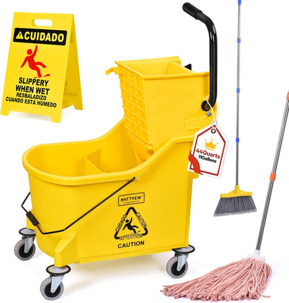 Matthew Cleaning 34 Quart Commercial Mop Bucket INCL.Wet String Mop with Side Press Wringer On Wheels,Heavy Duty Tandem Portable Floor Cleaning Wavebrake,Ideal for Household,Industrial,Restaurant