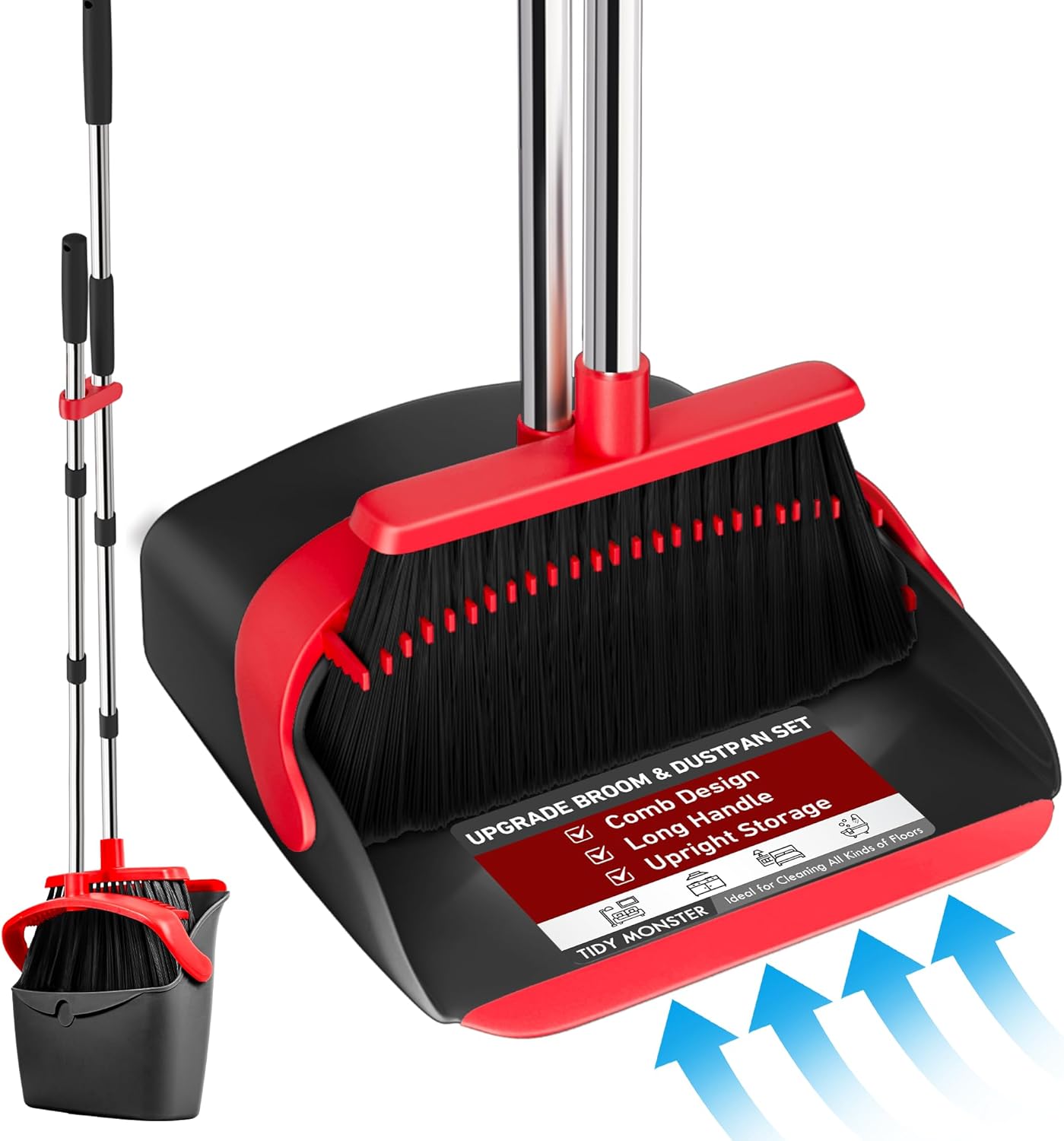 Upgraded Broom and Dustpan Set, 52" Long Handle Standing Combo with Self-Cleaning Teeth – Perfect for Pet Hair, Kitchen, Office, Home, Indoor & Outdoor Cleaning(Orange & Gray)