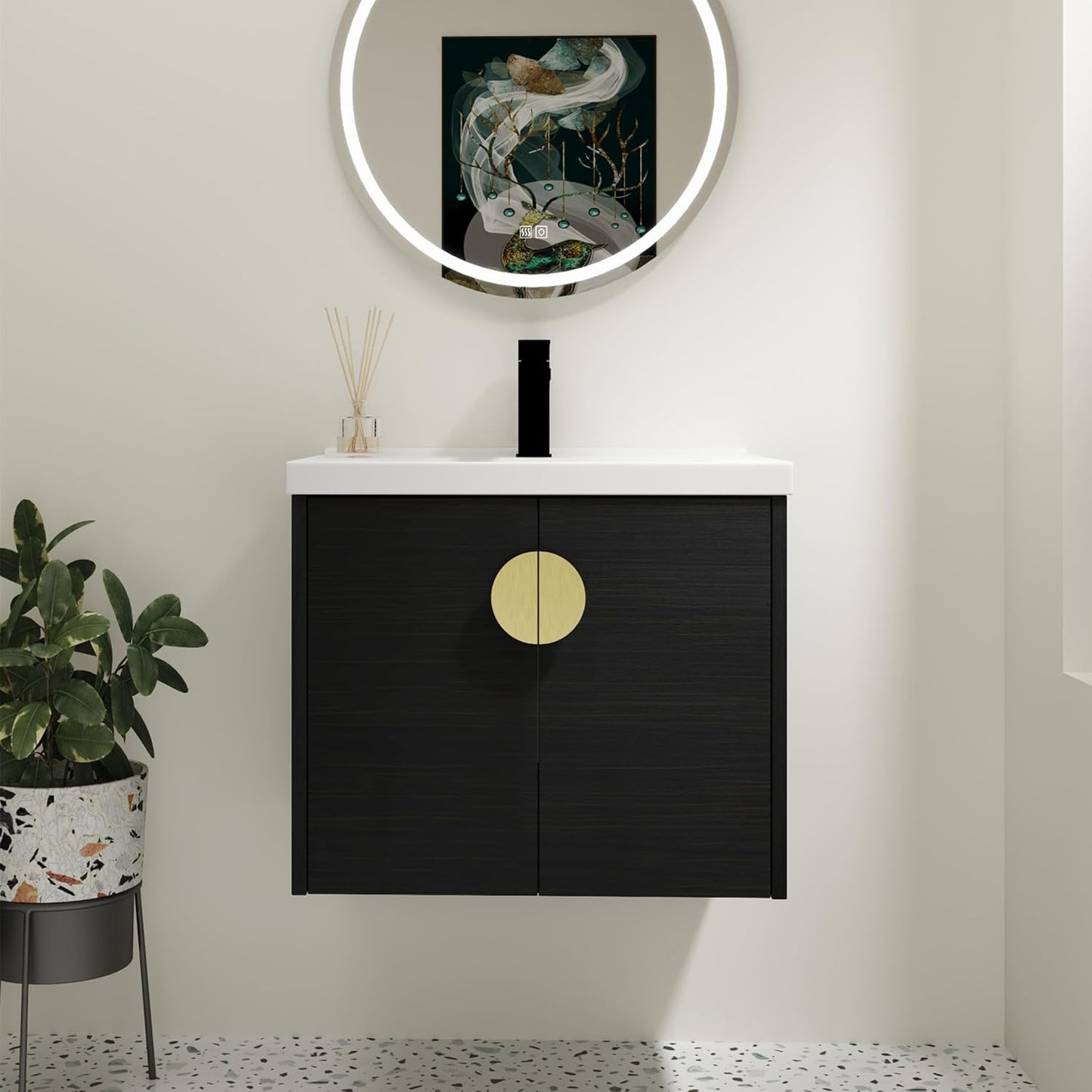 SSLine Modern 24-Inch Bathroom Vanity with Sink Wall Mounted Bathroom Vanity with Top Basin & Storage Cabinet White Wood Floating Vanity w/Ceramic Sink & Gold/Black Handles for Small Space