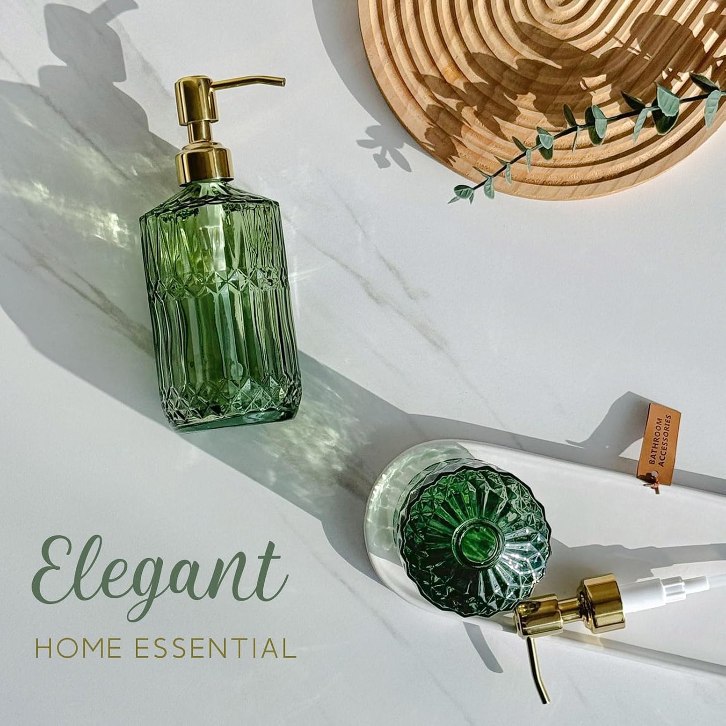JASAI 2Pack 18Oz Green Glass Soap Dispenser with Gold Rust Proof Pump, Refillable Dish Soap Dispenser for Kitchen, Bathroom Soap Dispenser for Hand soap, Lotion, Body Wash, Dish Soap.
