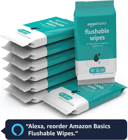 Amazon Basics Adult Wet Wipes Flushable formulated without Fragrance, 126 Count (3 Packs of 42) Packaging May Vary