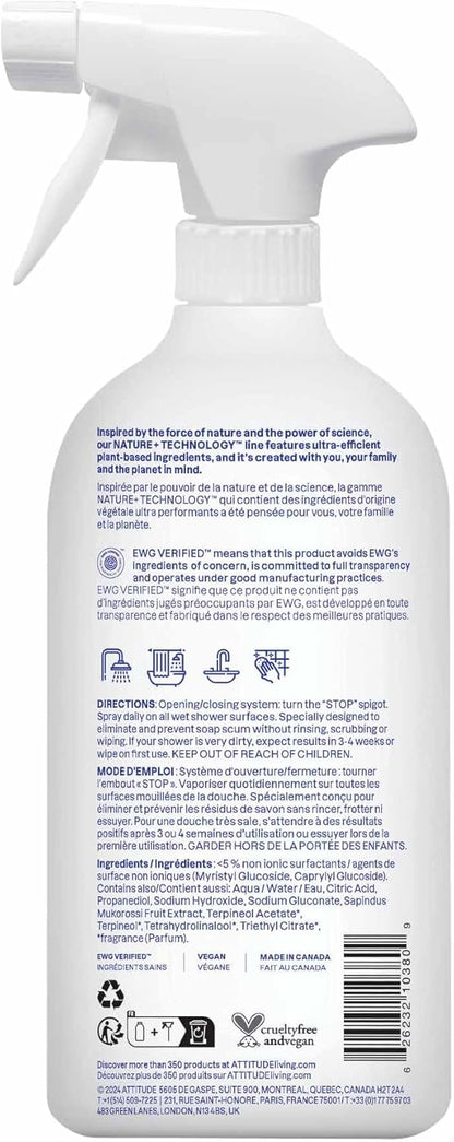 ATTITUDE Shower & Tile Cleaner Spray, EWG Verified, Bathroom Cleaner Removes Soap Scum & Grime, Plant-Based & Vegan, Citrus Zest Scent, 27.1 Fl Oz
