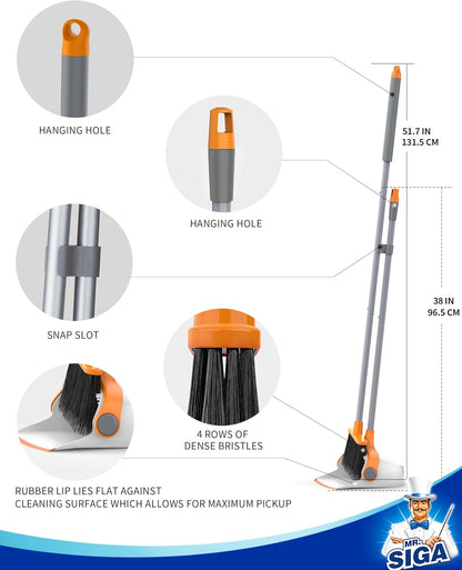 MR.SIGA Broom and Dustpan Set with Adjustable Long Handle, Upright Combo for Floor, Cleaning Lobby, Gray