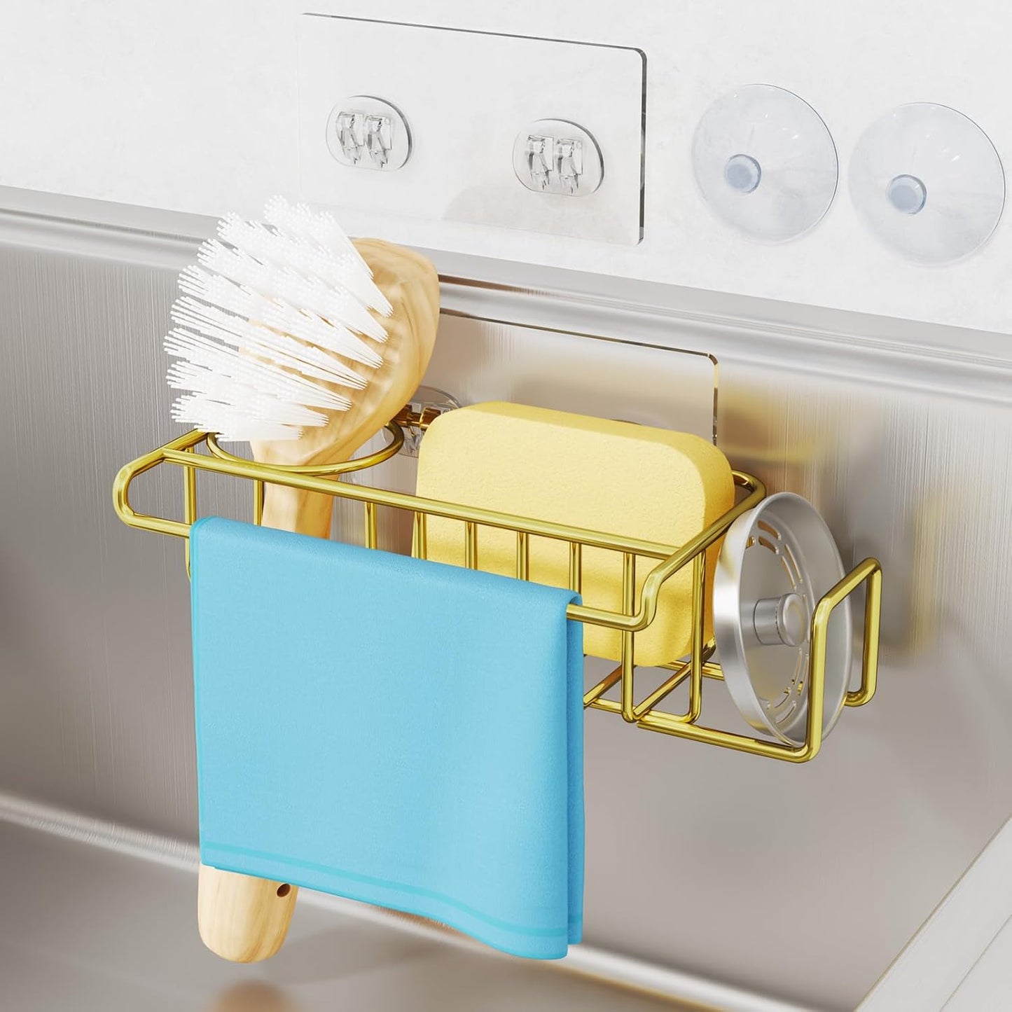 HapiRm 4 in 1 Kitchen Organizers and Storage, SUS304 Stainless Steel Brush Holder + Dish Cloth Hanger + Soap Rack + Sink Stopper Rack, No Drill Kitchen Essentials - Black