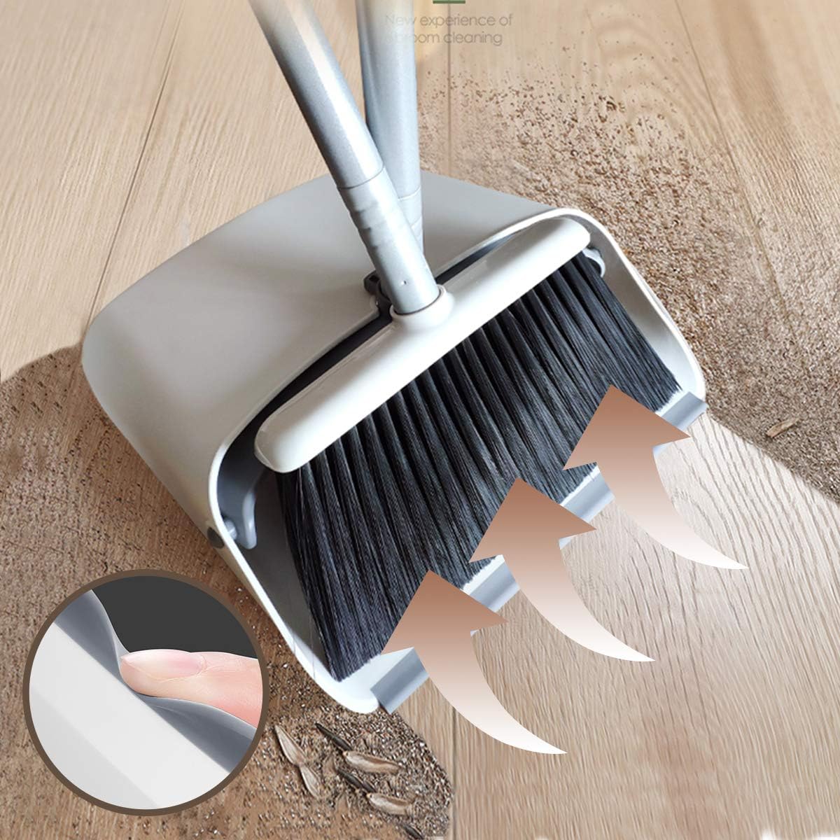 JEHONN Broom with Dustpan Combo Set, Long Handle Lightweight Indoor Broom Set, Upright Standing Dust Pan with Comb Teeth Store Sweep Set for Home Room Kitchen Office Lobby (Rose Red)