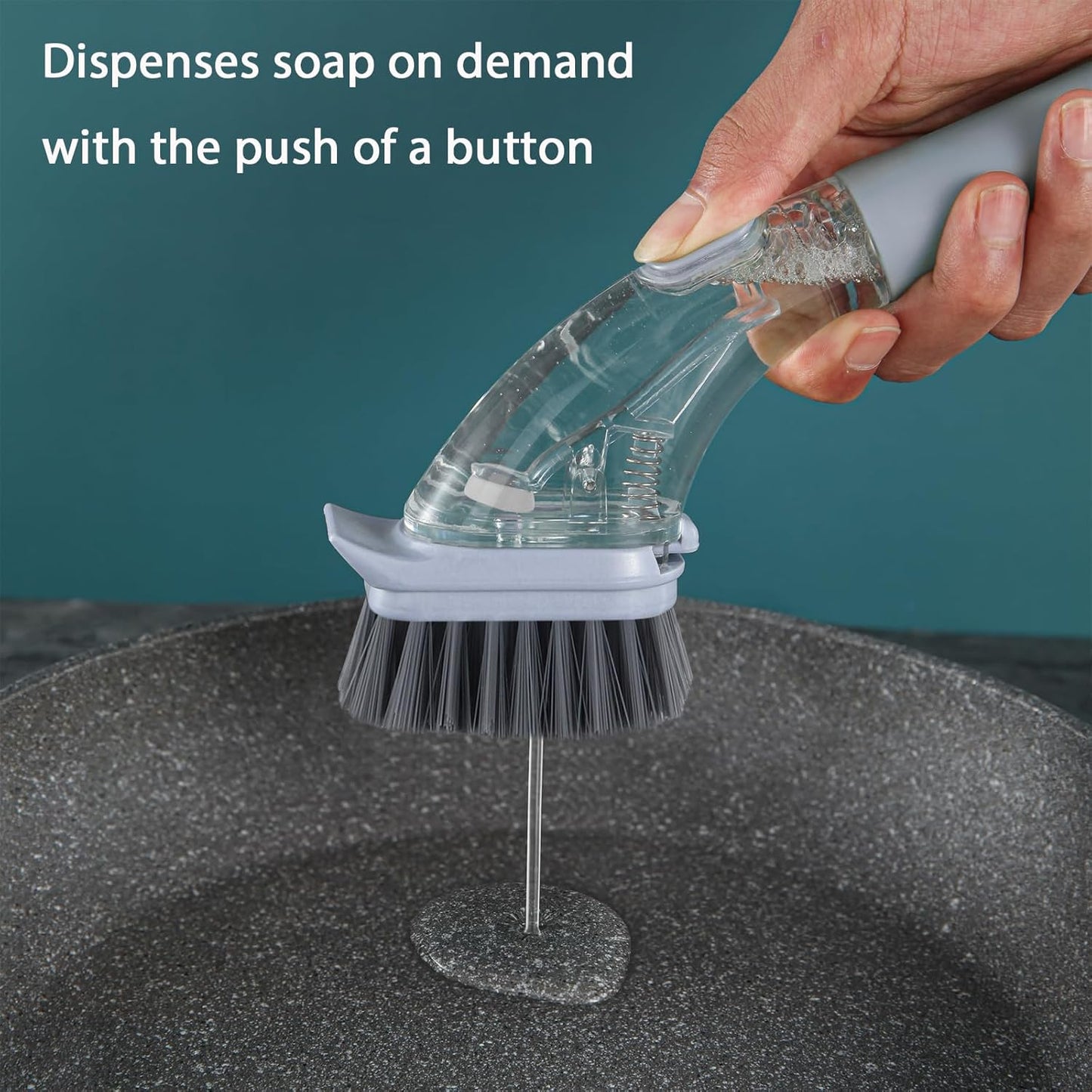 DAPOWER Soap Dispensing Dish Brush with Handle, Kitchen Scrub Brush for Dishes Pots Pans Sink Cleaning (Grayish Blue)