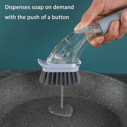 DAPOWER Soap Dispensing Dish Brush with Handle, Kitchen Scrub Brush for Dishes Pots Pans Sink Cleaning (Grayish Blue)
