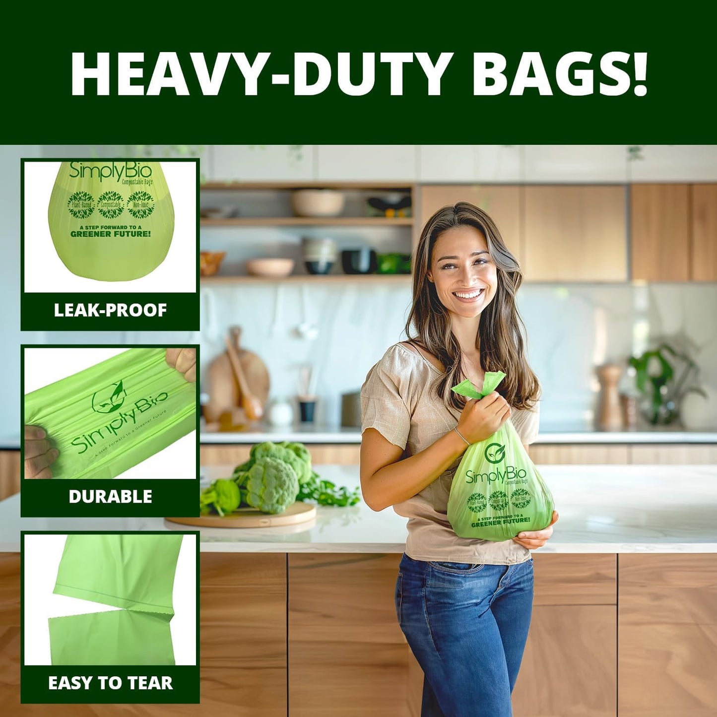 Simply Bio 13 Gallon Compostable Trash Bags Liners Drawstring, Heavy Duty Extra Thick 1 Mil, 49.21 Liter, 30 Bags, Tall Kitchen Food Scrap Waste Bag, ASTM D6400, US BPI and OK Compost Home Certified