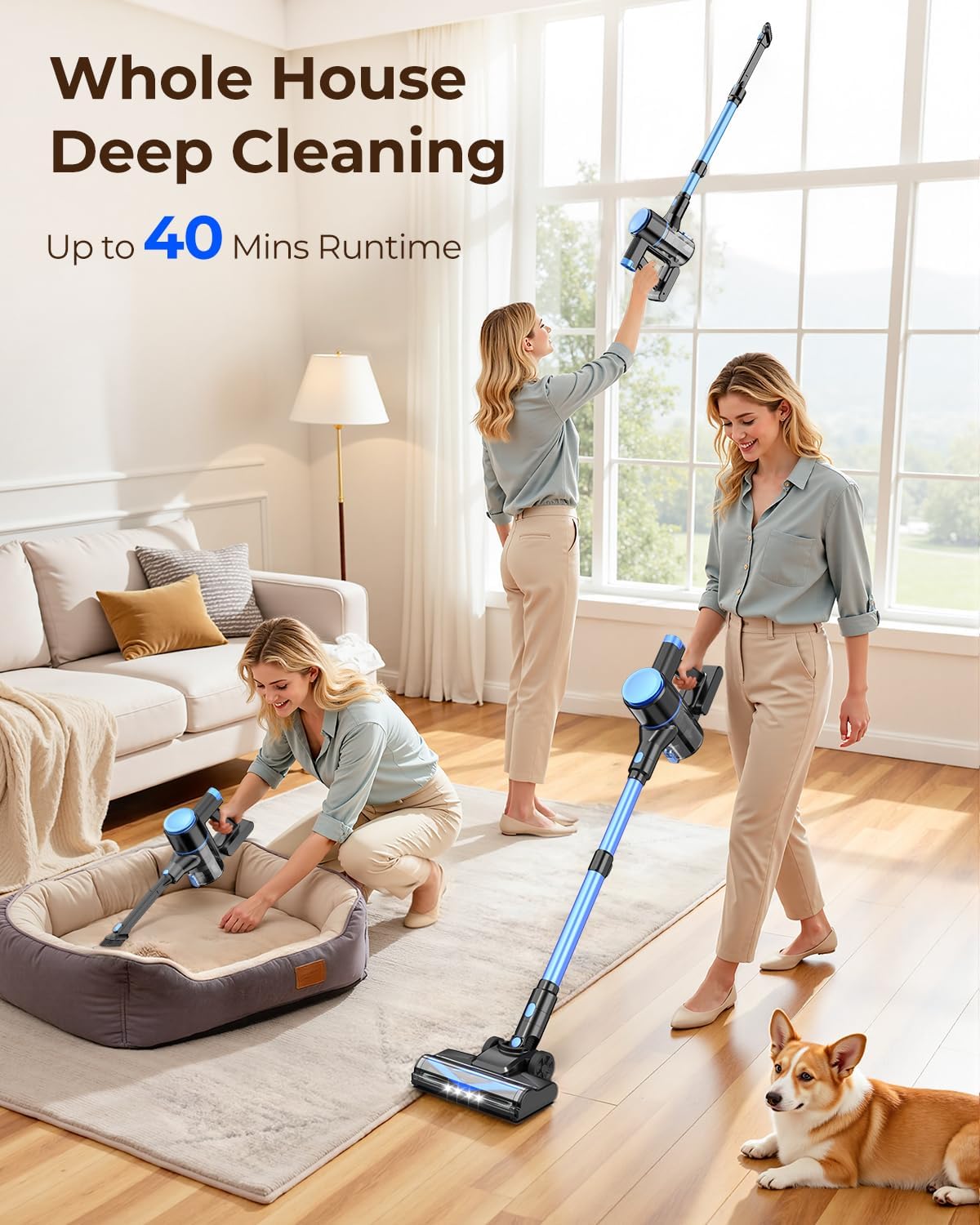 UML0 N8 Cordless Vacuum Cleaner,Lightweight Stick Vacuum with Powerful Suction,2200mAh Battery,40 Mins Runtime, Self-Standing,Rechargeable Vacuum Cleaners for Home Hardwood Floor Pet Hair