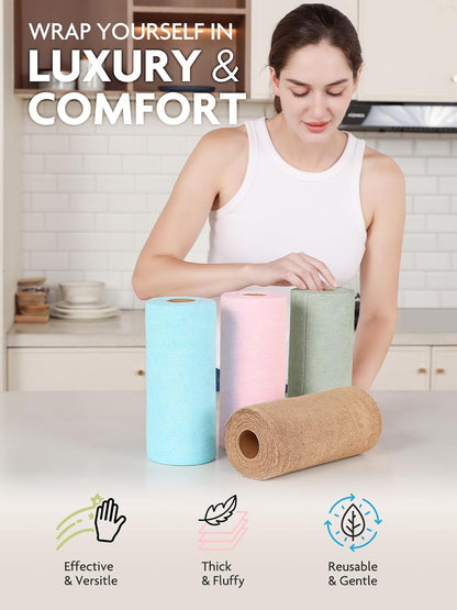 Fantasticlean Kitchen Towels - 40 Sheets - Reusable Washable Dishcloth Rolls, Super Absorbent, Premium Microfiber Cleaning Cloths, 10'' by 10'' (Beige, MossGreen)