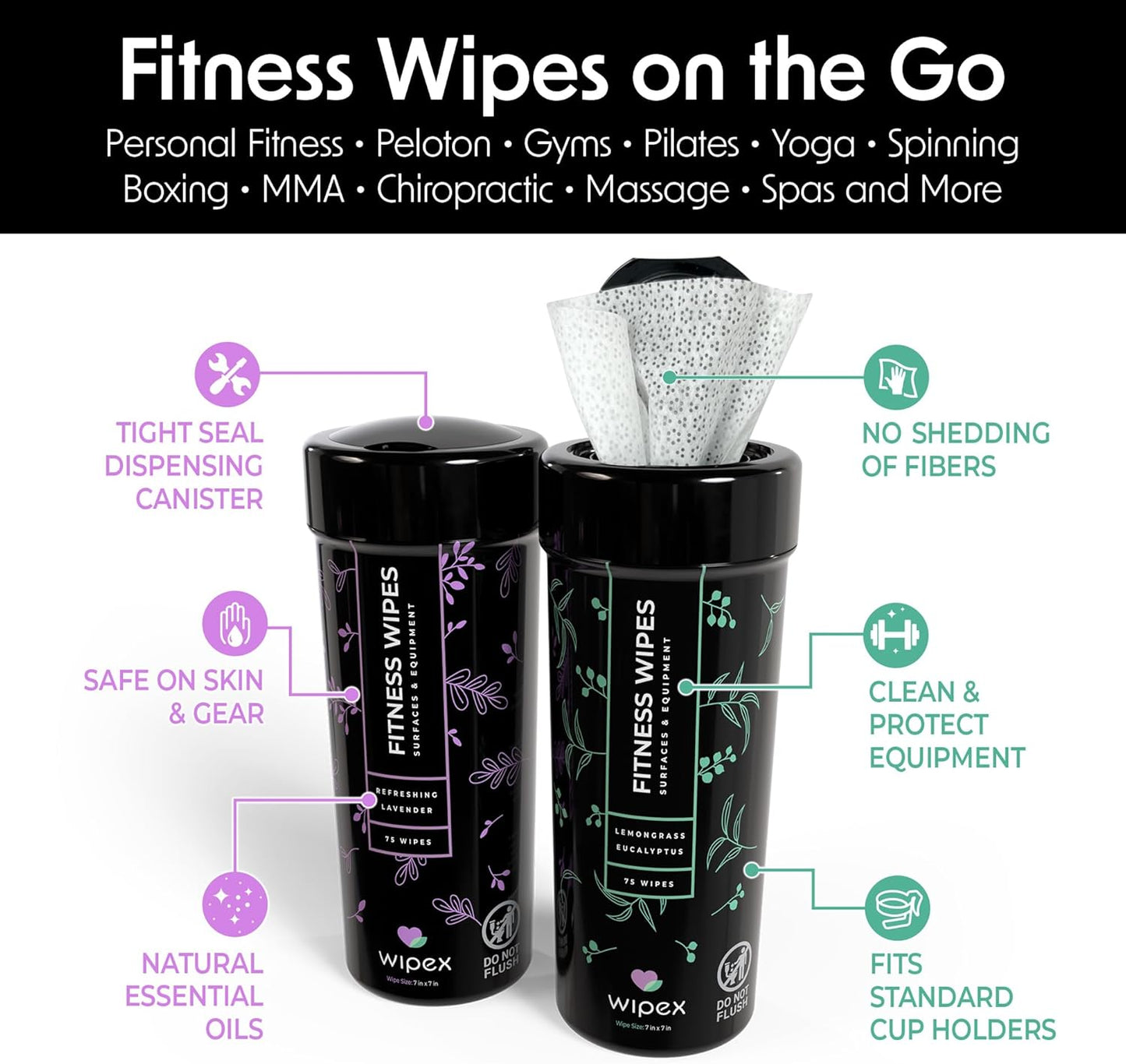 Wipex Fitness Equipment Wipes | Clean Gym Equipment, Yoga Mats, Peloton Bike Cleaner, Exercise Machine Wipes | Lemongrass, Eucalyptus, 75 Ct Canister