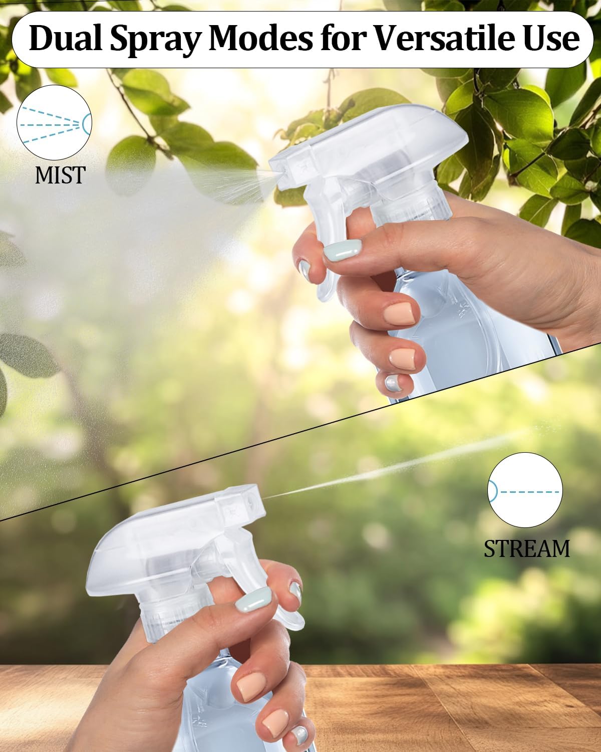 2 Pack 360° Spray Bottles, 10 oz Plastic Small Containers with Adjustable Spray Nozzles, Spray Bottles for Hair, Cleaning Solutions, BBQ and Plants Clear