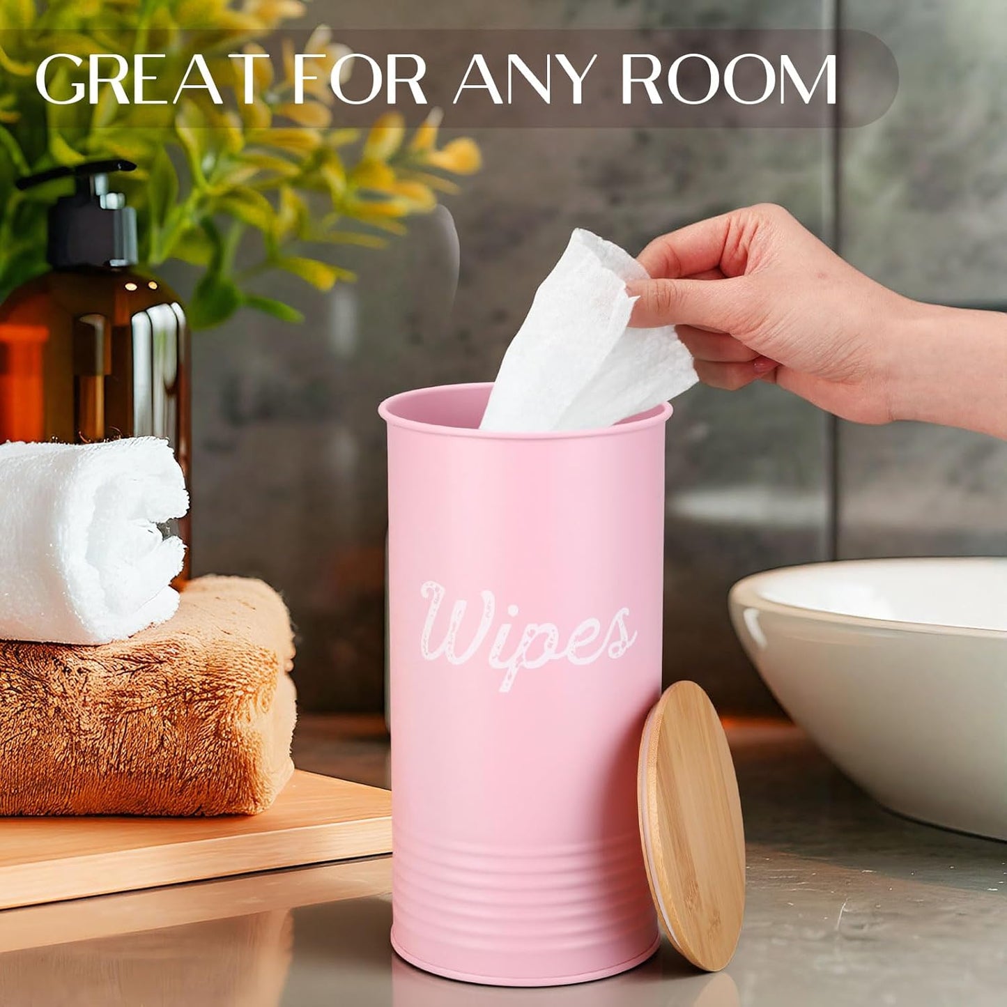 Wipe Holder with Bamboo Lid for Kitchen Disinfectant Wipes Dispenser Farmhouse Countertop Sanitizing Wipe Metal Storage Container Organizer Caddy Bathroom Office up to 80 Cont(Pink)