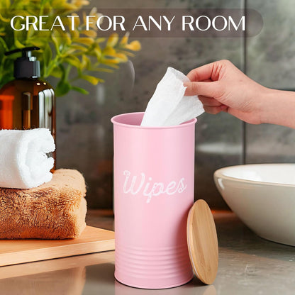 Wipe Holder with Bamboo Lid for Kitchen Disinfectant Wipes Dispenser Farmhouse Countertop Sanitizing Wipe Metal Storage Container Organizer Caddy Bathroom Office up to 80 Cont(Pink)