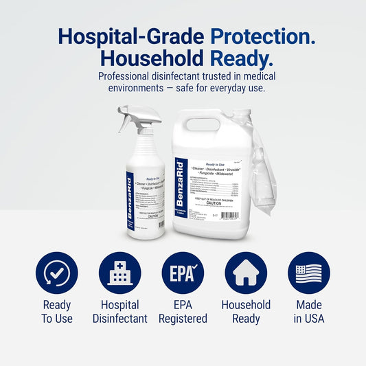 BenzaRid Pro Mold Killer Fungicide Disinfectant including Aspergillus Niger (Black Mold) H5N1 Pack | Multi-Purpose Fungicide, Mildewstat, Disinfectant, Virucide | EPA Reg. 1 Gal + 32 oz.