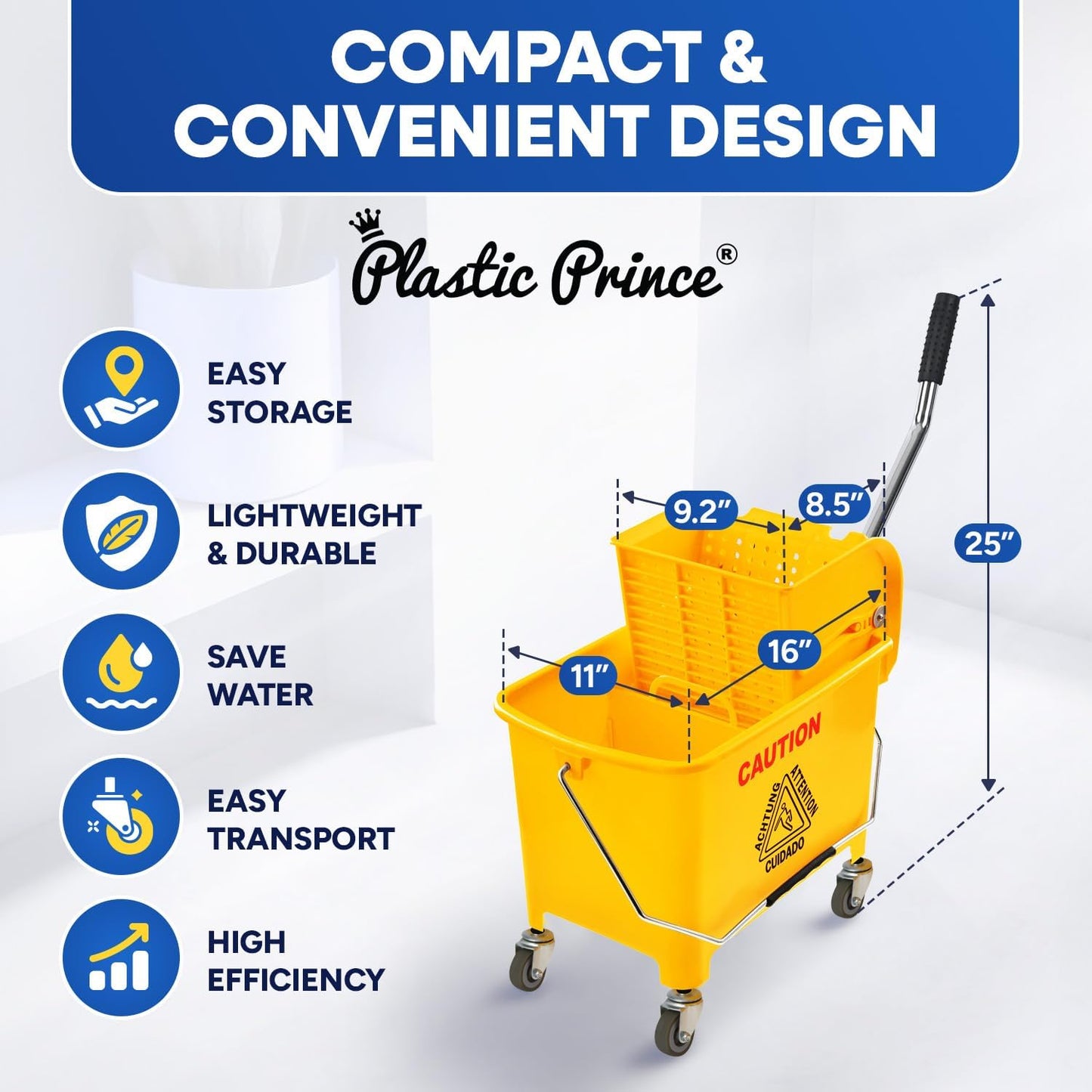 PLASTIC PRINCE Small Mop Bucket with Wringer on Wheels 5 Gallon, Heavy Duty Dual Chamber Mop Bucket Separate Dirty Water, Perfect for Household, 20 Quart Yellow