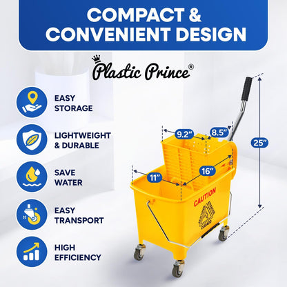 PLASTIC PRINCE Small Mop Bucket with Wringer on Wheels 5 Gallon, Heavy Duty Dual Chamber Mop Bucket Separate Dirty Water, Perfect for Household, 20 Quart Yellow