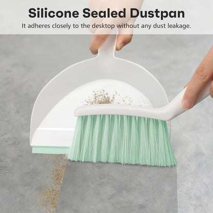 NACENA Mini Broom and Dustpan Set, Small Dust Pan and Brush Set with Handle Dustpan Teeth for Cleaning Hair Suitable for Office Desks Drawers Sofas Outdoor Camping, Light & Purple