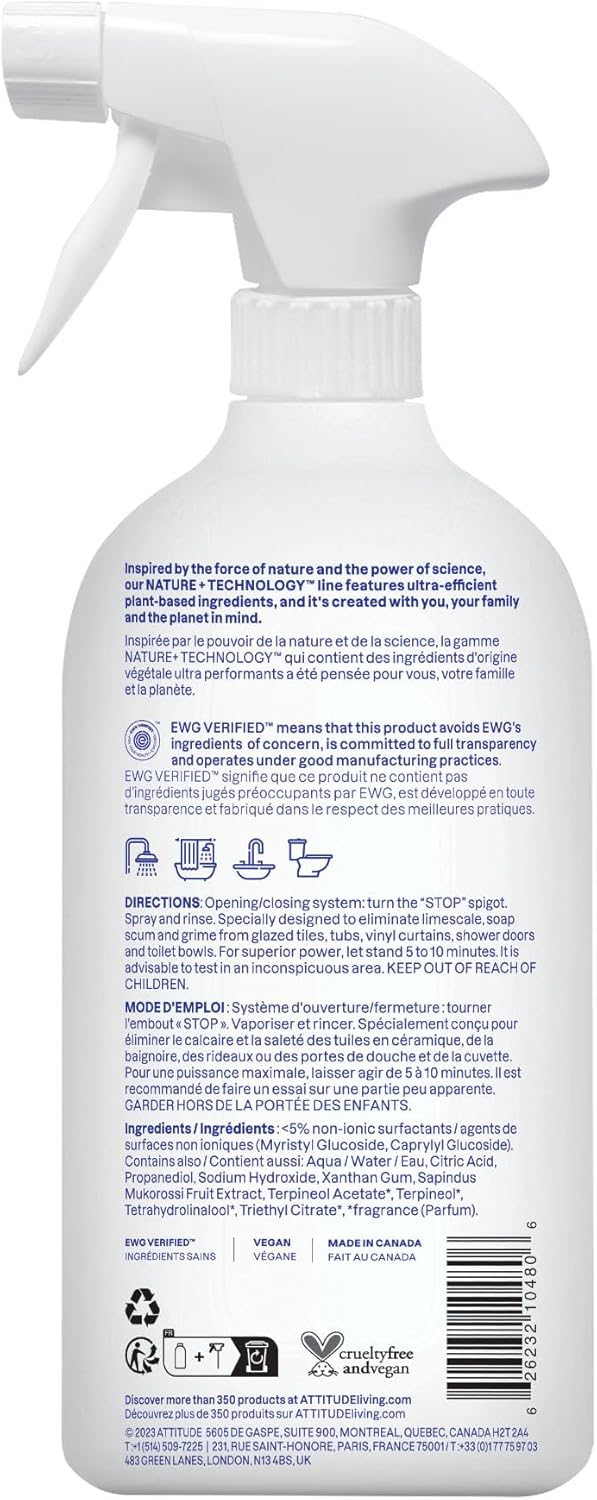 ATTITUDE Bathroom Cleaner Spray, Natural Origin Ingredients, EWG Verified, Eliminates Soap Scum, Limescale, Streak Free, Lemon & Rosewood, 26 Fl Oz