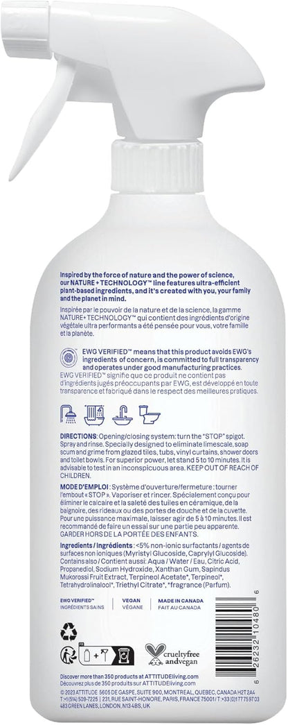 ATTITUDE Bathroom Cleaner Spray, Natural Origin Ingredients, EWG Verified, Eliminates Soap Scum, Limescale, Streak Free, Lemon & Rosewood, 26 Fl Oz