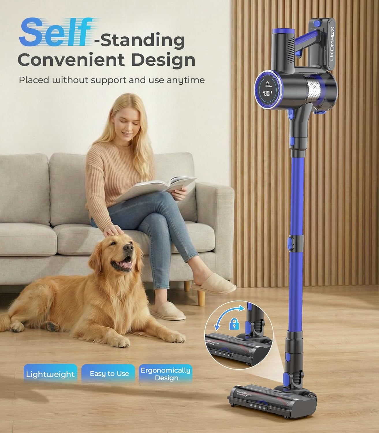 Cordless Vacuum Cleaner, 550W 50KPa 45Mins Vacuum Cleaners for Home, Self-Standing Stick Vacuum with Anti-Tangle Brush & LED Display for Hardwood Floors, Carpet, Pet Hair, Car