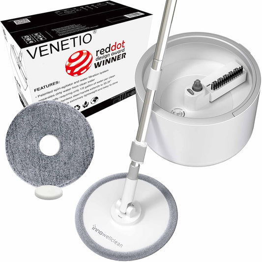VENETIO Innowellclean Microfiber Spin Mop and Bucket Set with Patented Water Filtration System - Deep Self Cleaning/Dry/Wet All-In-One Floor Mop for Home Hardwood, Tile - Ideal for Pet Owners (2 Pads)