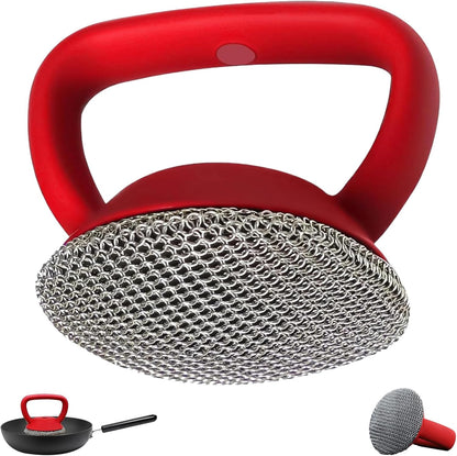 Cast Iron Scrubber with Handle 316L Stainless Steel Chainmail Scrubber for Cast Iron Pan Skillet Cleaner,Skillets and Grills (Red)