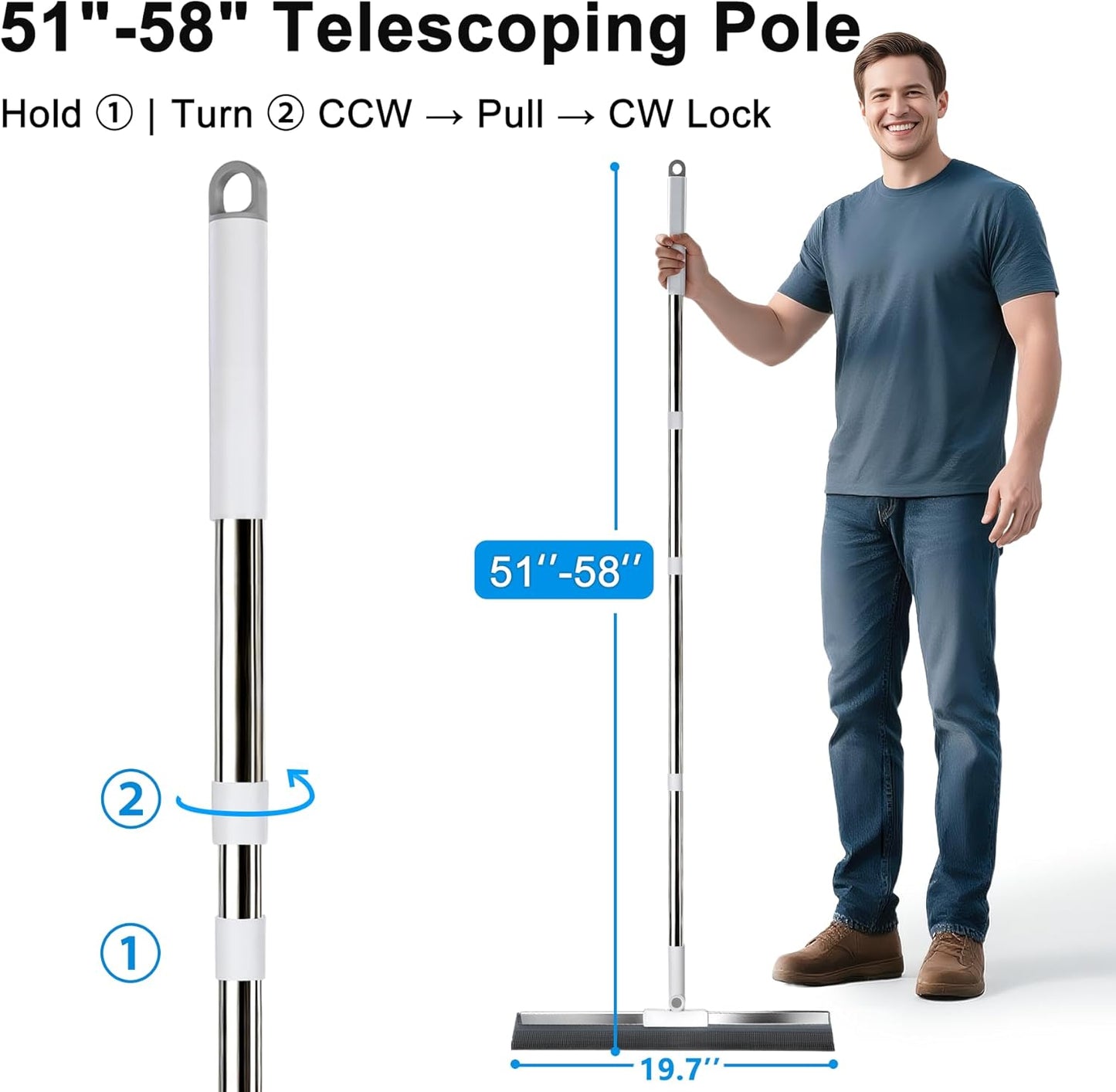 19.7'' Large Floor Squeegee for Concrete Floor with 51''-58'' Telescoping Stainless Steel Handle, Squeegee Broom for Removing Water on Tile, Epoxy, Garage, Driveway, Patio