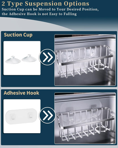 Consumest Sponge Holder Sink Caddy - Ladder Shaped Sponge Holder for Kitchen Sink with 2 Installation Ways (Suction Cups & Adhesive Hook), Rustproof Stainless Steel Kitchen Organizer, Silver