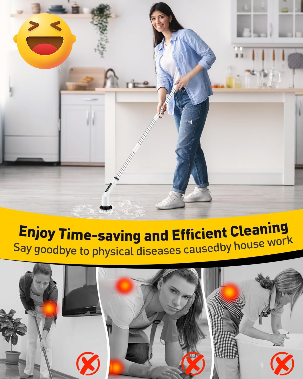 Shower Scrubber with Long Handle, Shower Cleaner Brush with 8 Brush Heads, Cordless Electric Spin Scrubber for Cleaning with 2 Speed, Cleaning Supplies for Bathroom Bathtub Kitchen Floor Tile Toilet