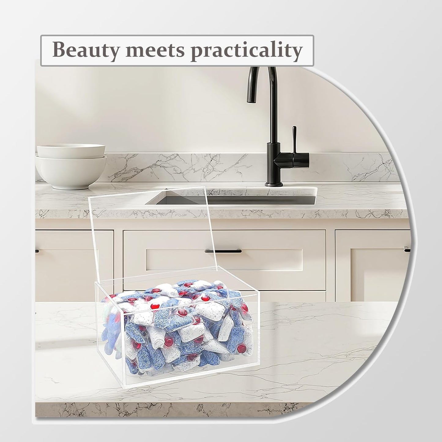 Bigfety Dishwasher Pod Holder Acrylic with Hinged Lid, Modern Style Dishwasher Cleaner Tablets Container Box for Detergent, Clear