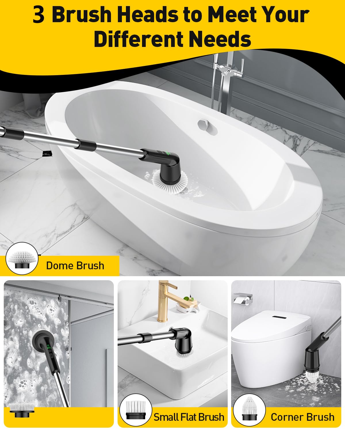 Electric Spin Scrubber for Cleaning Bathroom, Shower Scrubber Cordless Cleaning Brush with IPX7 Waterproof & 2 Speed, 3 Brush Heads, Bathroom Cleaning Supplies for Shower Tub Kitchen Tile Toilet White