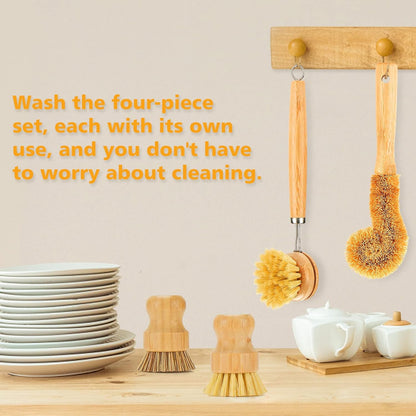 SAMEBUTECO Bamboo Dish Brushes Sets 4 Tools in One Kitchen Clean Dish Scrubber for Pots Pans Bottles with Natural Bristles (Bamboo Brushes Sets)