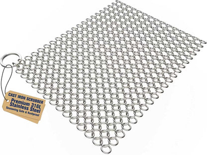 Amagabeli Cast Iron Cleaner 8"x6" Premium Stainless Steel Chainmail Scrubber Cast Iron Skillet Cleaner for Pan Pot Wok Griddles BBQ Grills Cast Iron Cleaning