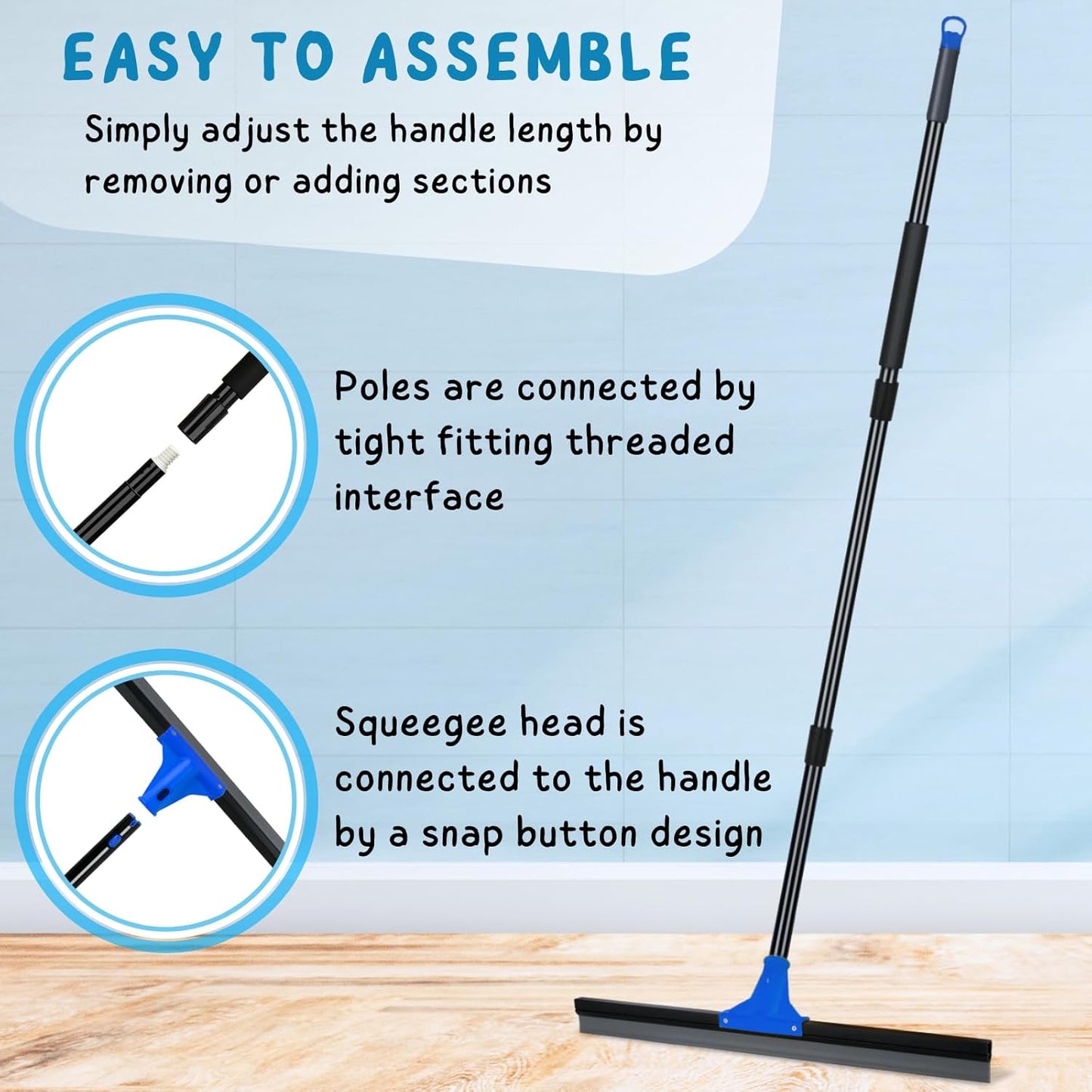 Squeegee Broom for Floor, 18'' Heavy Duty Rubber Wiper with 60'' Long Handle for Bathroom Tile, Garage Concrete, Deck, Shower Glass, Window Cleaning