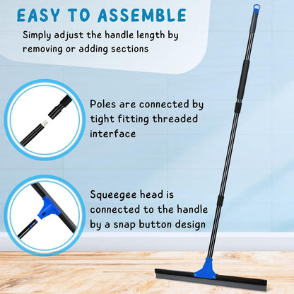Squeegee Broom for Floor, 18'' Heavy Duty Rubber Wiper with 60'' Long Handle for Bathroom Tile, Garage Concrete, Deck, Shower Glass, Window Cleaning