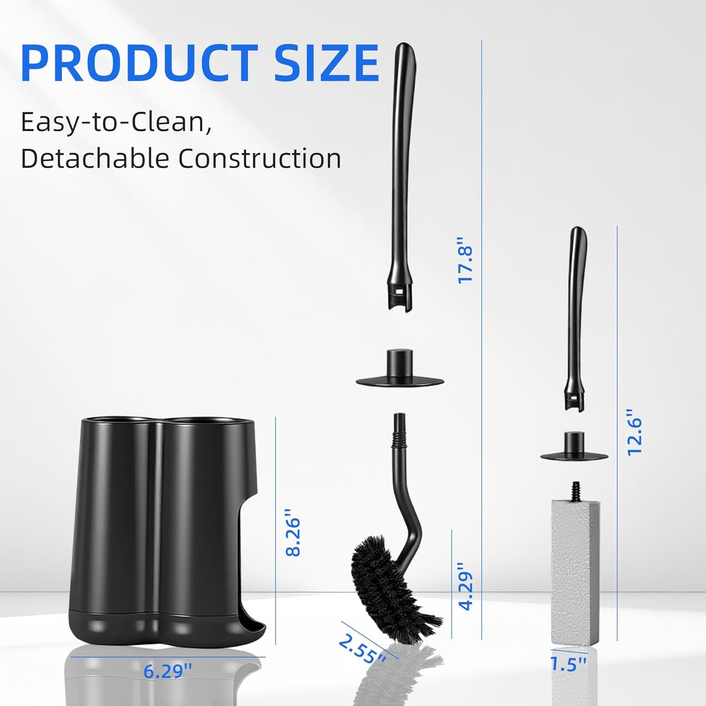 Toilet Brush and Holder Set with Pumice Stone – Long Handle Toilet Bowl Brush, Anti-Splash Scrubber, Ventilated Drip-Free Base, Deep Cleaner for Hard Water Stains, Limescale, Toilet Rings, Grey
